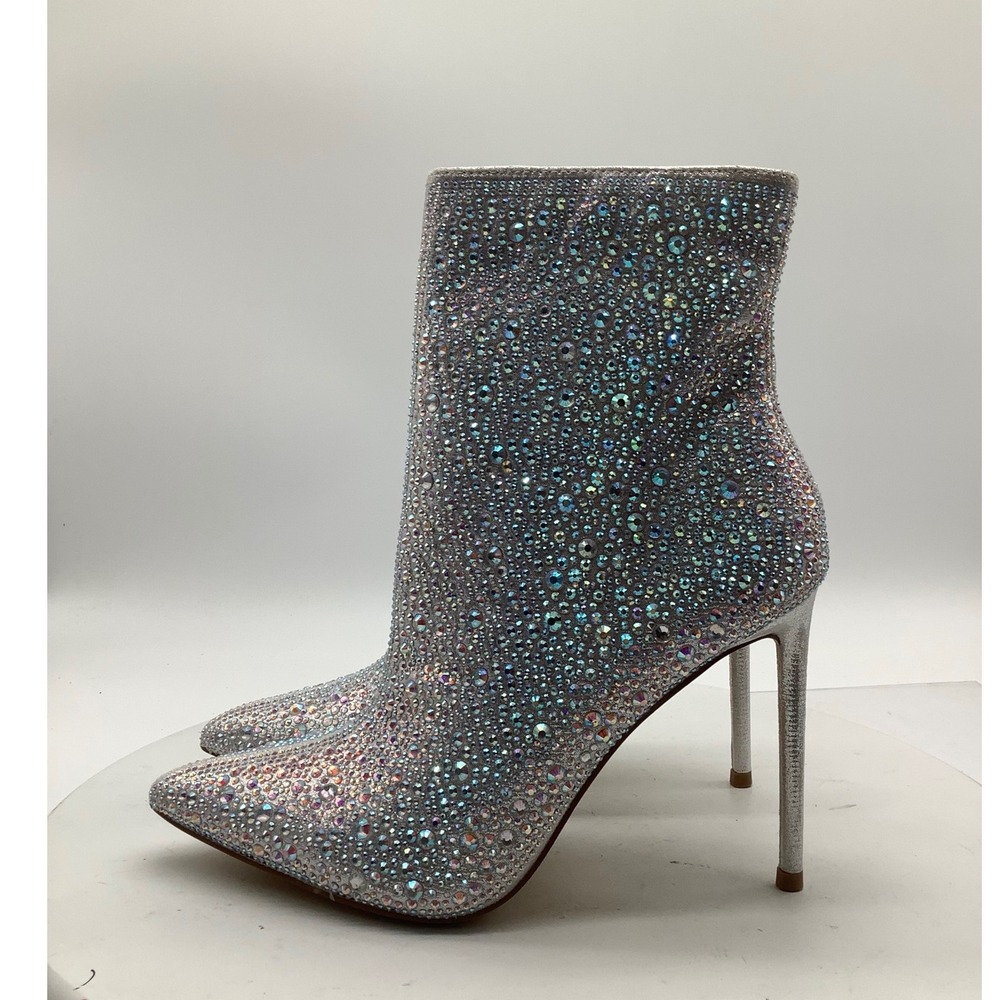 Tru Comfort Foam Silver Iridescent Rhinestone Pointed‎ Toe Stiletto Ankle Boots